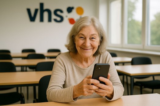 Eine Frau sitzt in einem VHS-Kursraum. Sie h&auml;lt ein Smartphone in der Hand.
