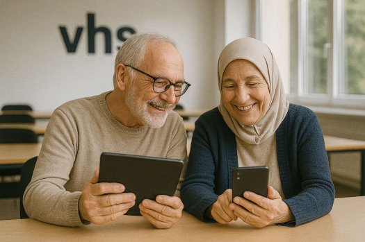 Ein &auml;lterer Mann und eine &auml;ltere Frau sitzen an einem Tisch. Sie schauen auf ein Smartphone und lachen.